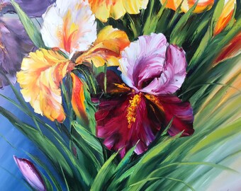 アイリスの花のオリジナル絵画、咲き誇る大きな花のウォールアート