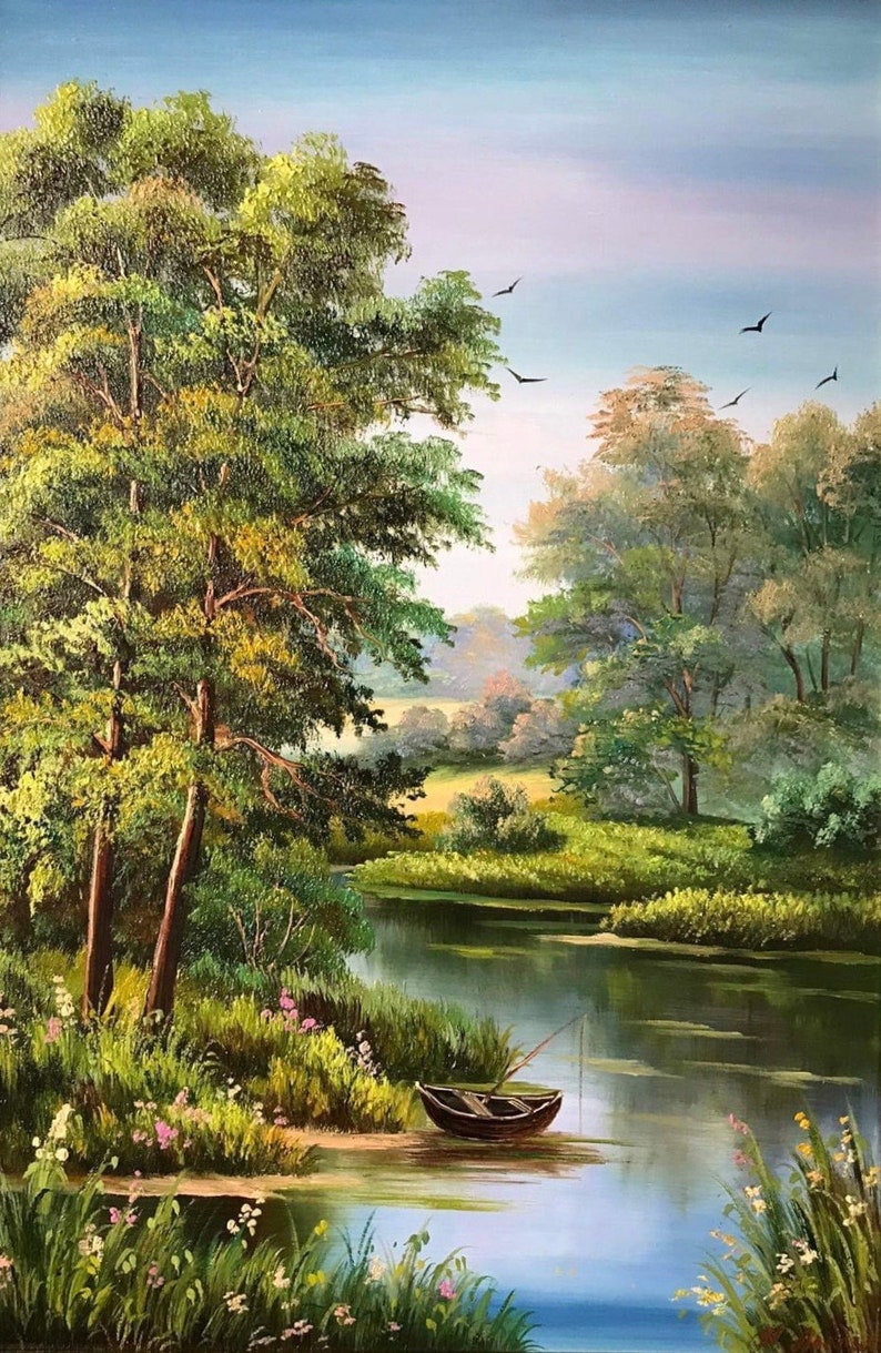 May include: A painting of a tranquil lake scene with a small boat on the water. The lake is surrounded by lush green trees and foliage. The sky is a light blue with a few white clouds. The painting is done in a realistic style with a focus on detail.