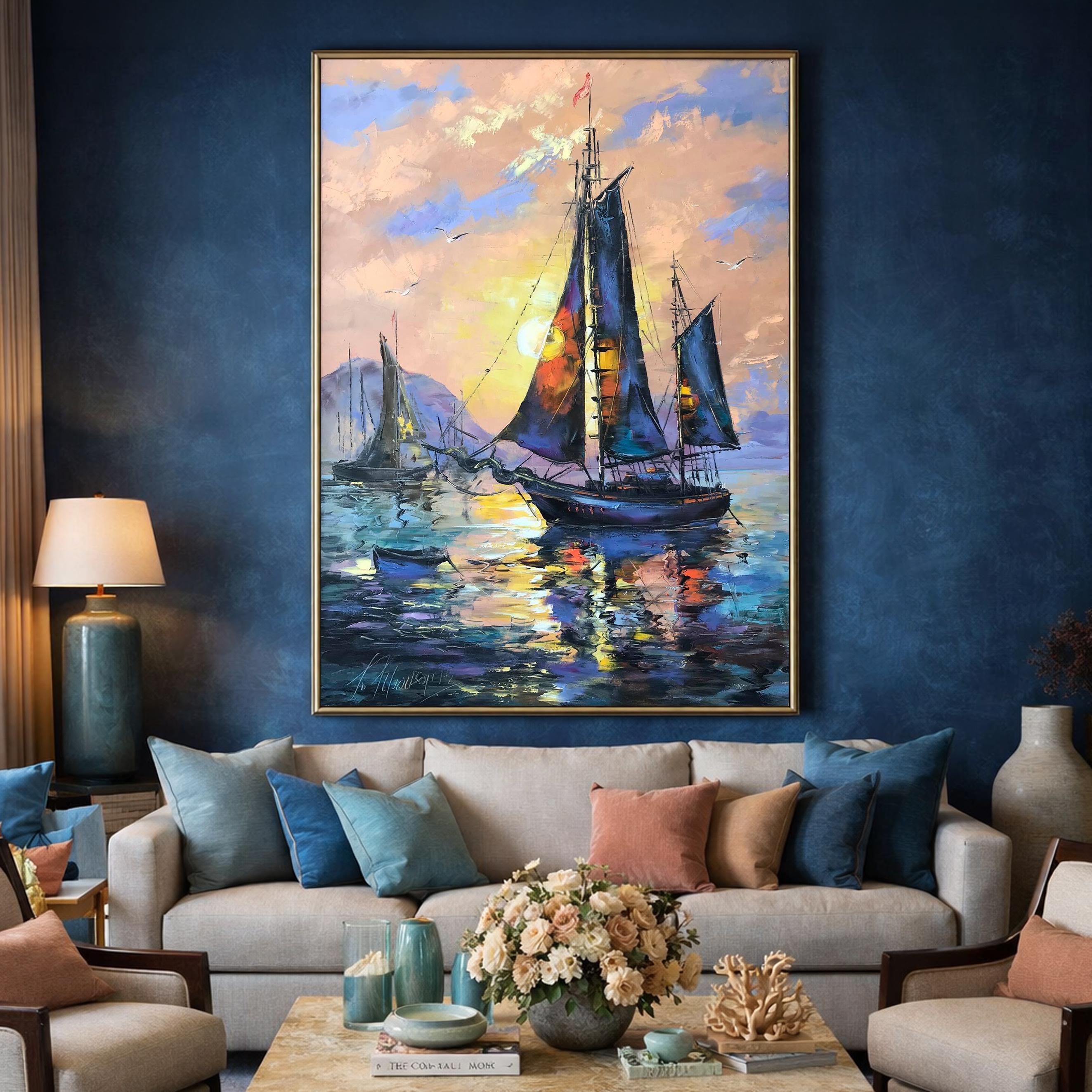帆船の夕日油絵オリジナル：特大抽象ボート壁掛けアート - Etsy 日本