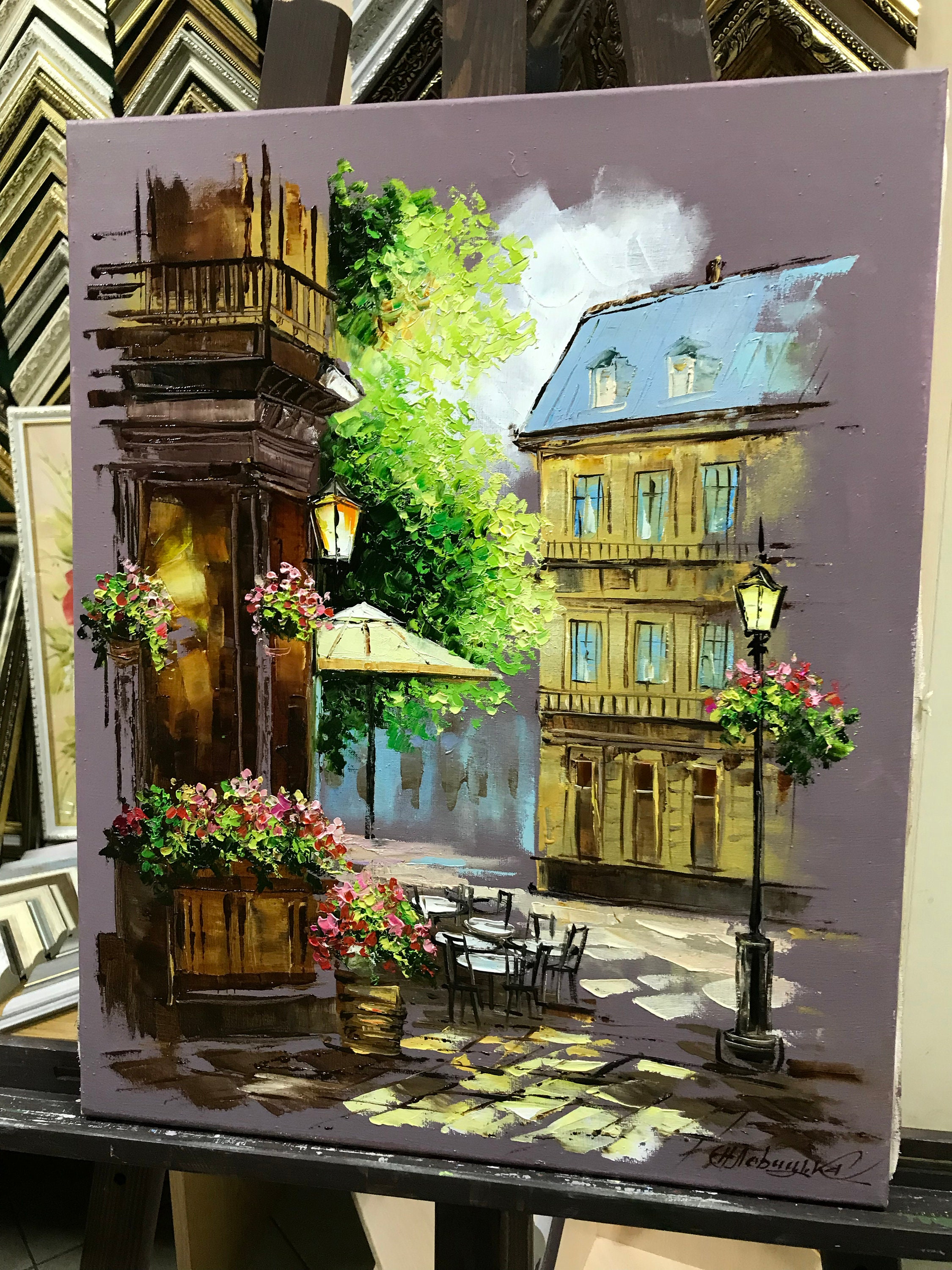 キャンバスに描かれたパリの街並みの絵画 フランスのカフェの