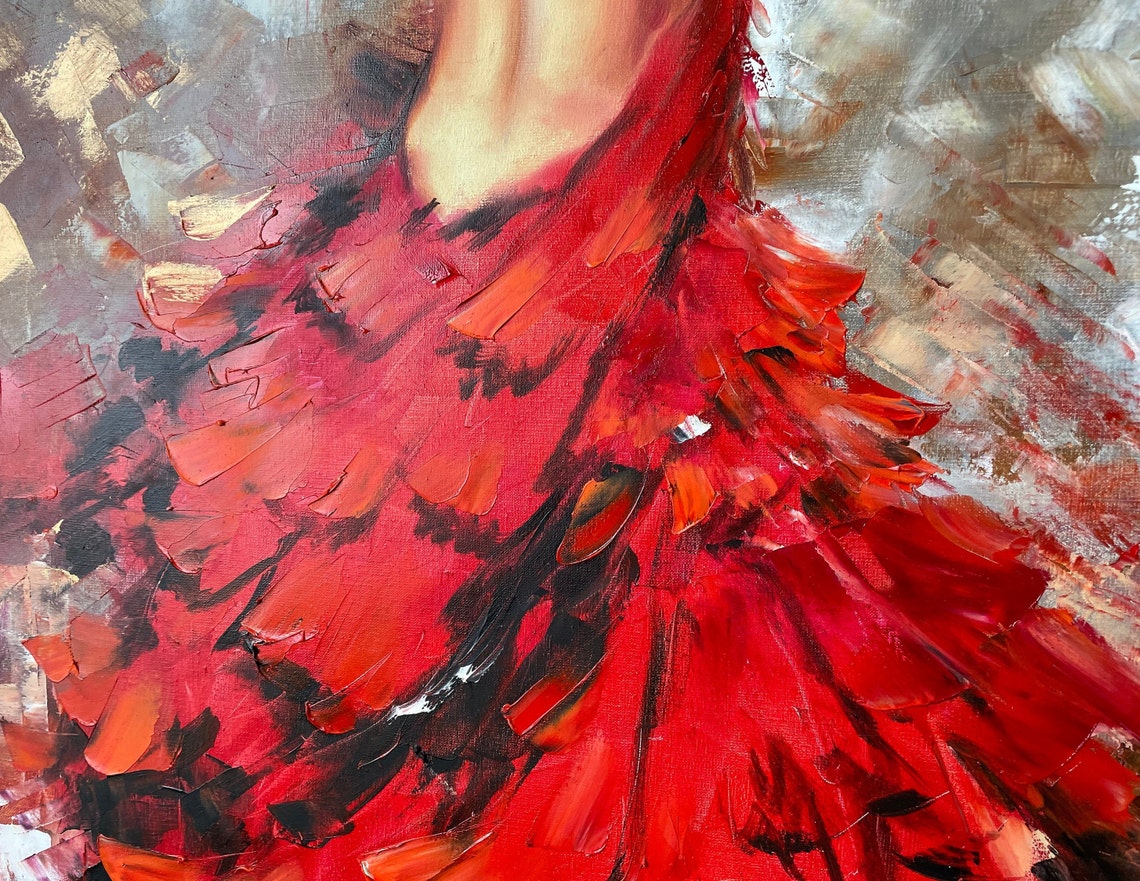 Lady in Red Dress Oil Painting on Canvas Vertical 18x36 Etsy