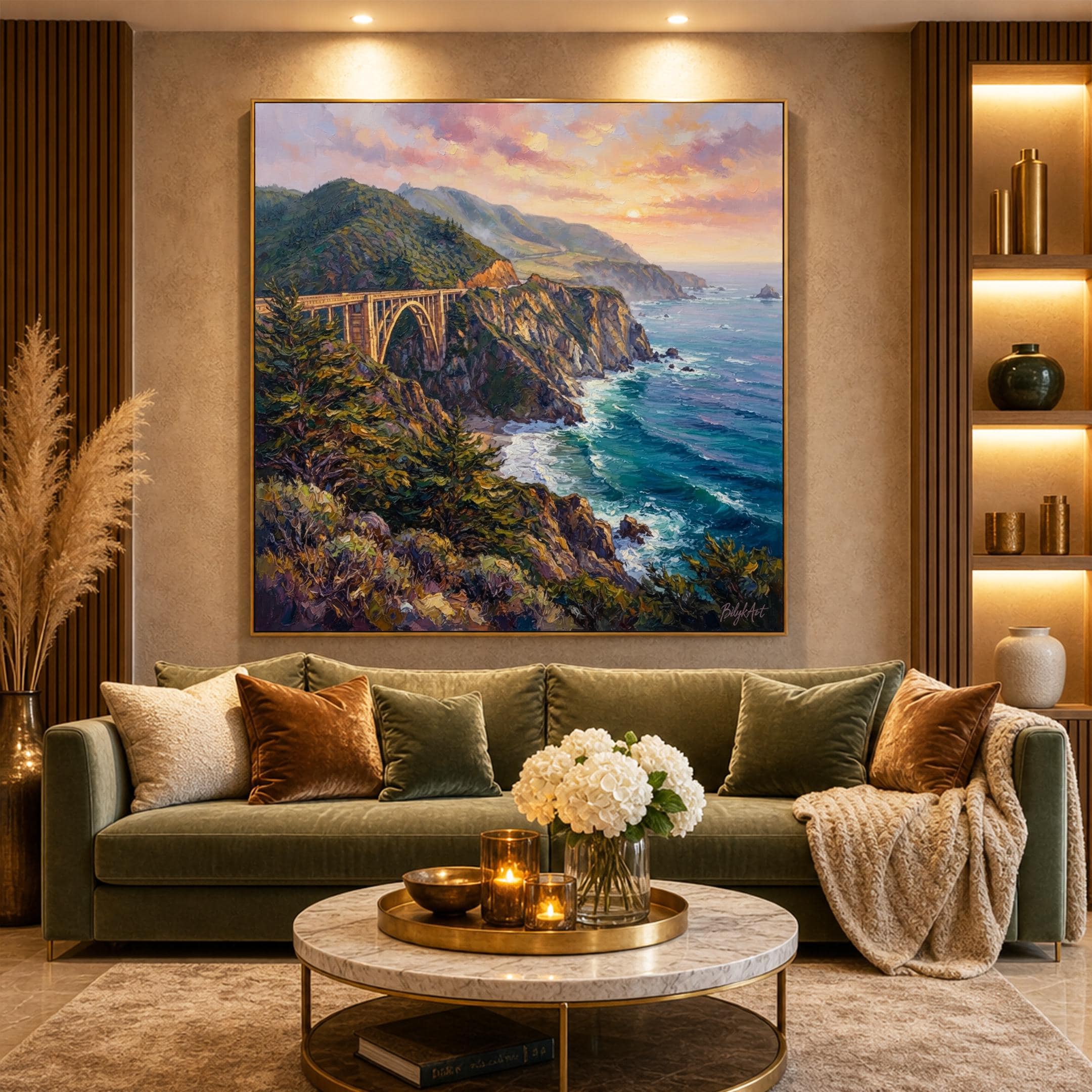 カリフォルニア海岸油絵オリジナル額装パノラマビッグサーアートワーク