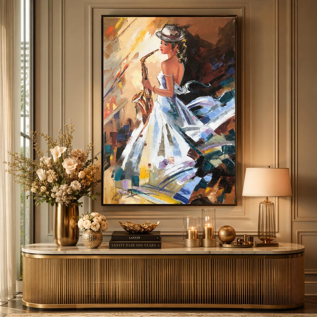 アート・デザイン・音楽 Anne Golaz Metsaestae Abstract Jazz Painting on Canvas, Female Musician, Saxophone