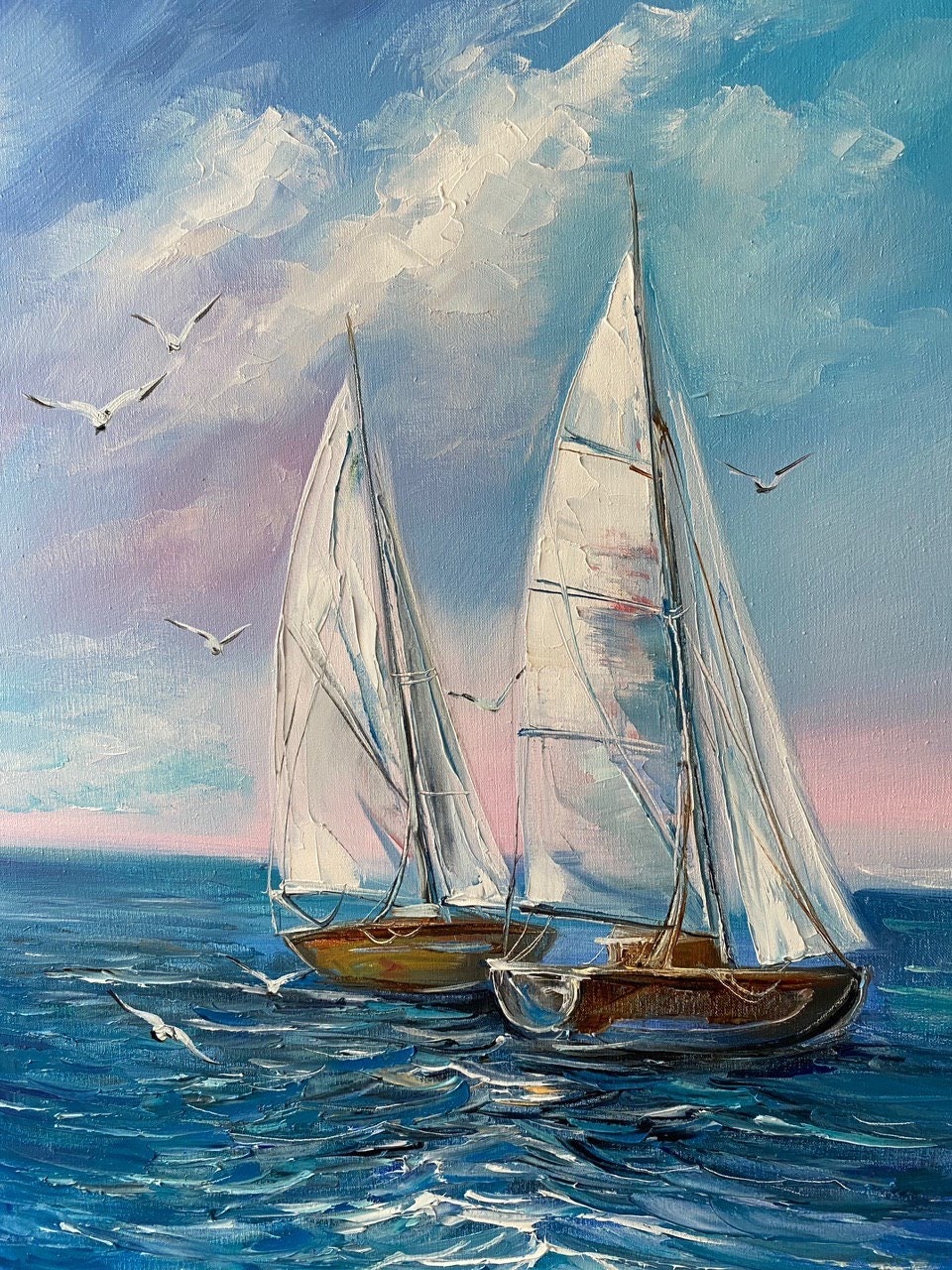 オリジナル帆船の海の油絵キャンバス、青い海の波の壁アート