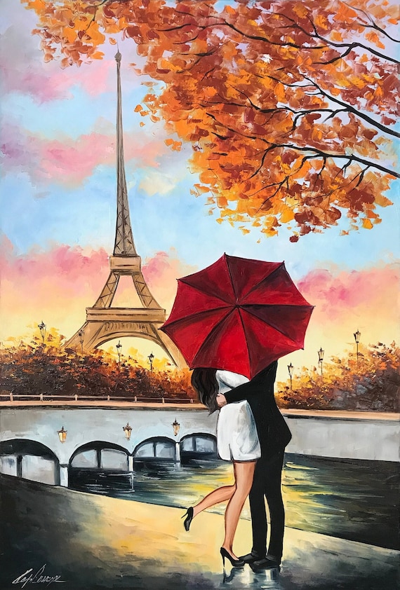 Kissing Couple Painting Lovers Artwork Love in Paris Painting - Etsy