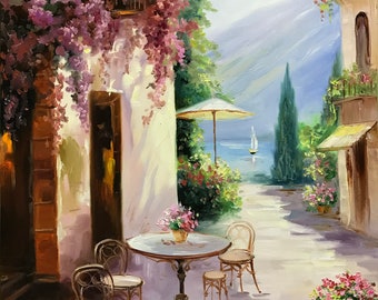 Amalfi Coast Italy Oil Painting Original Positano Coast Painting on Canvas Italy Wall Art Italian Cafe Oil Painting Italian Coast Artwork