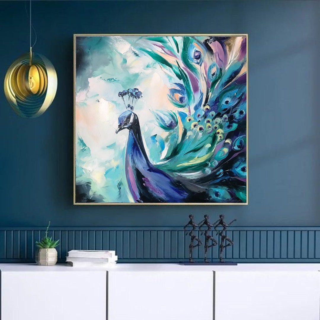 キャンバスに描かれたオリジナルの孔雀の油絵、抽象的な熱帯動物の壁