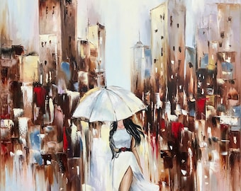 雨の中の女性オリジナル絵画 - Etsy 日本