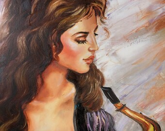 サックス奏者の女性の油絵オリジナル：大きな抽象ジャズ壁アート