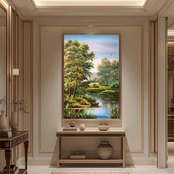 Original Landscape Oil Painting on Canvas Living Room Wall Art Green Forest Artwork River Panorama Wall Art Countryside Nature Oil Painting