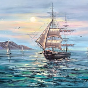 Ship at Sea Painting Original Maritime Painting Sailing Ship Canvas Art Maritime Wall Art Ocean Ship Painting Panoramic Seascape Painting