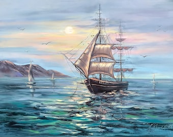 アレクサンダー・シェンデロフによるオリジナル油絵：夜の海景、帆船の