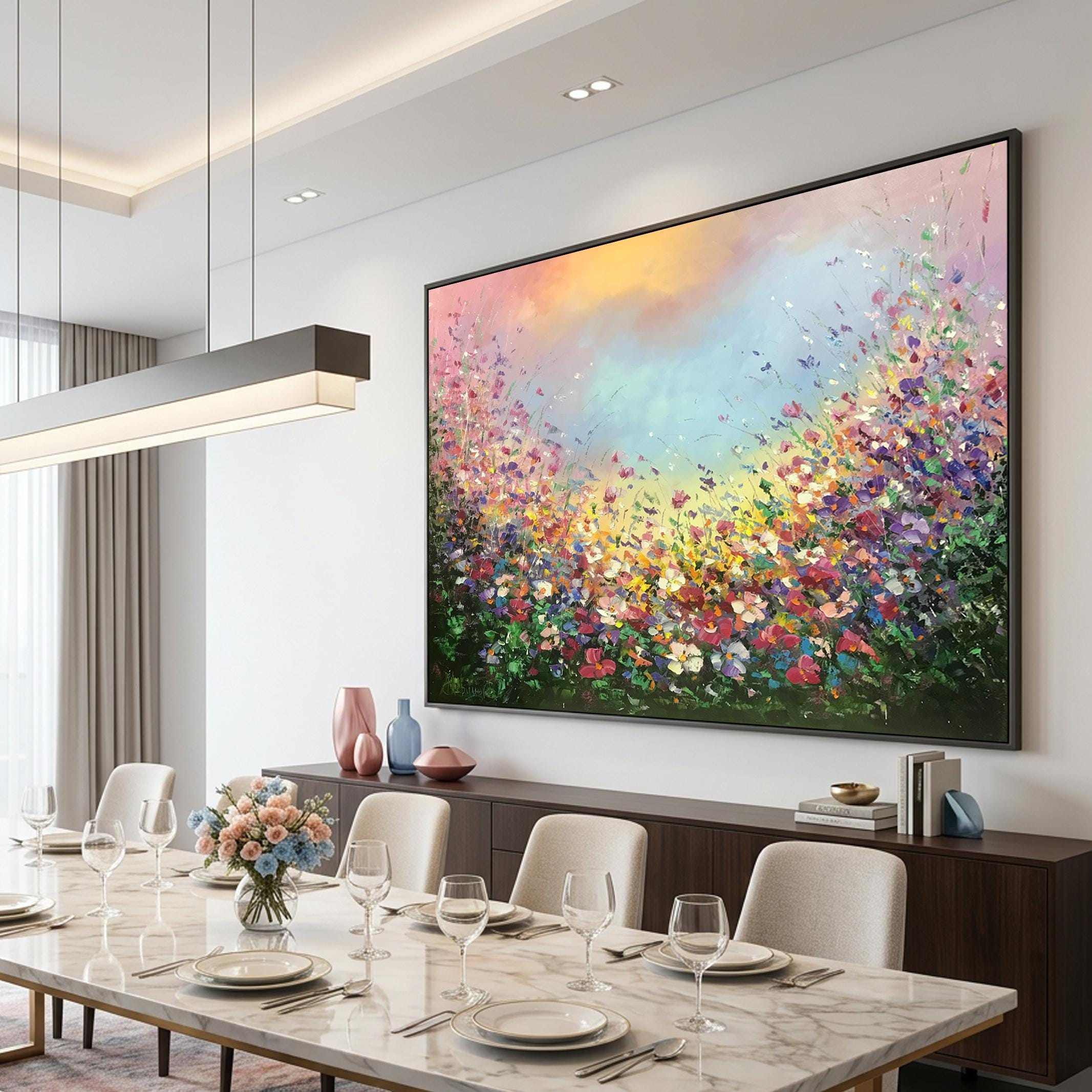 抽象的な野の花のオリジナル絵画、花畑のアート、屋外絵画、キャンバス