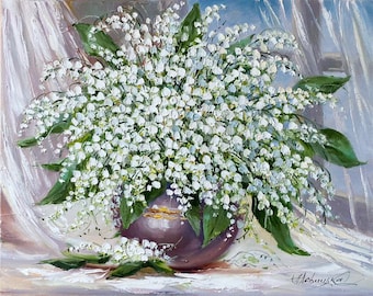 スズランの油絵 オリジナル春の花アート 緑の植物の壁飾り 花瓶