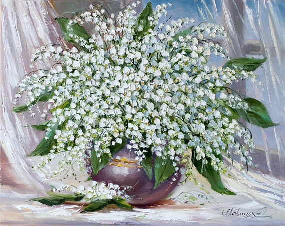 お見舞い スズランの油絵 オリジナル春の花アート 緑の植物の壁飾り 花瓶 絵画