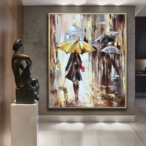 大きな抽象人物油絵オリジナル特大壁アート傘の下の人々絵画雨の日  