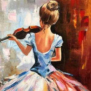 May include: Oil painting depicting a person playing a violin, seen from behind. The person is dressed in a light blue gown with a full skirt in shades of white, pink, and orange. The background has abstract brushstrokes in grey, white, and brown.