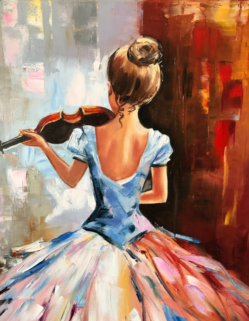 May include: Oil painting depicting a person playing a violin, seen from behind. The person is dressed in a light blue gown with a full skirt in shades of white, pink, and orange. The background has abstract brushstrokes in grey, white, and brown.