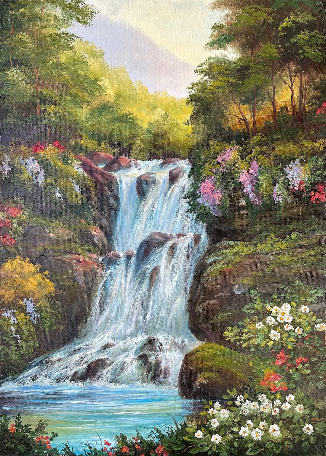 Tropischer Wasserfall Original Gemälde auf Leinwand Landschaft Wandkunst  100% Handgemalte Ölgemälde Eingerahmt Wald Kunst Dekor Paradies Gemälde