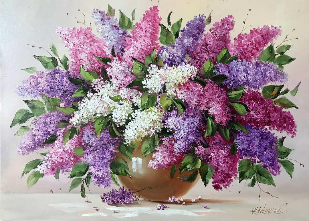 Purple Lilac Original Painting, Large Blooming Flowers Wall Art, Lilacs