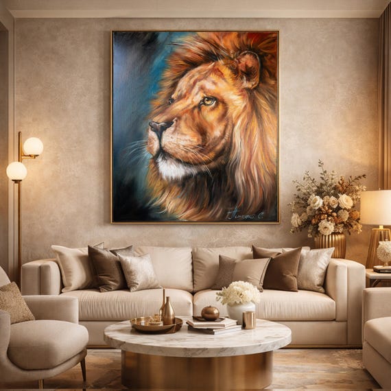 Lion Head Oil Painting On Canvas Abstract Animal Art Blue Brown Wall Art Brave Painting Lion Gift For Men Safari Decor Lion King Painting