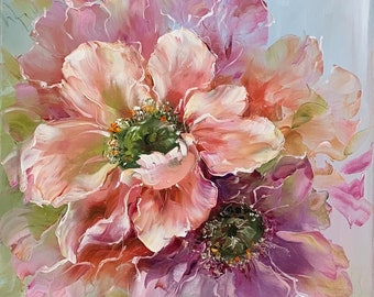 大型花柄油絵 オリジナル花柄アート作品 抽象的な花の絵画 大型