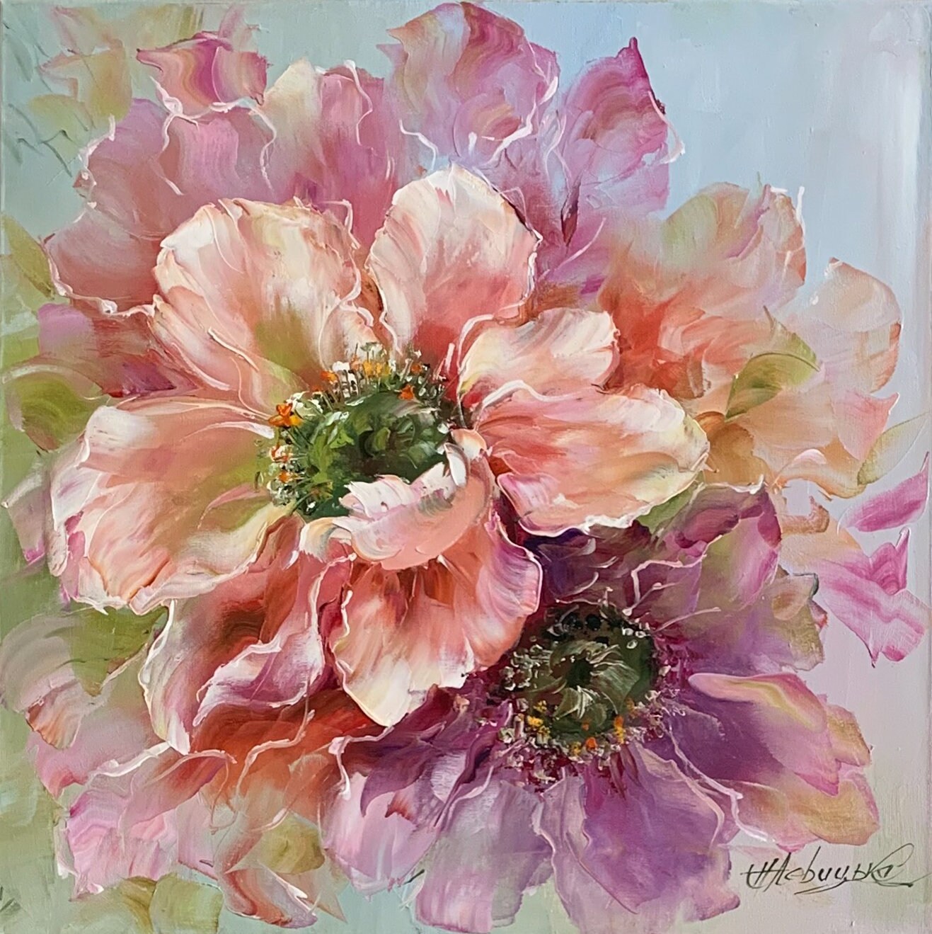 大きな花の油絵 オリジナルの花のアート作品 抽象的な花の絵画