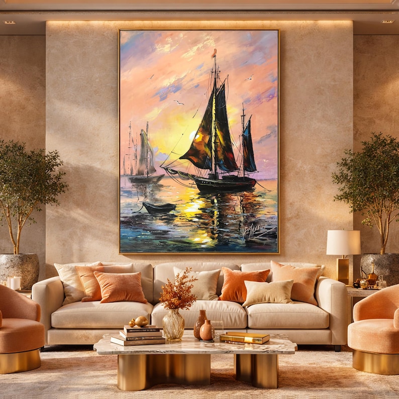 Sailing Ship Oil Painting Original: Large Abstract Sailboat at Sunset Wall Art image 3