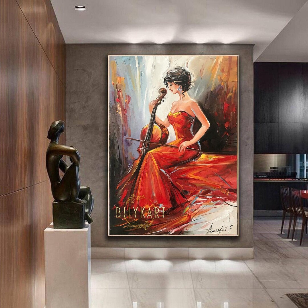 Cellist Oil Painting, Girl in Red Dress, Musician Wall Art - Etsy