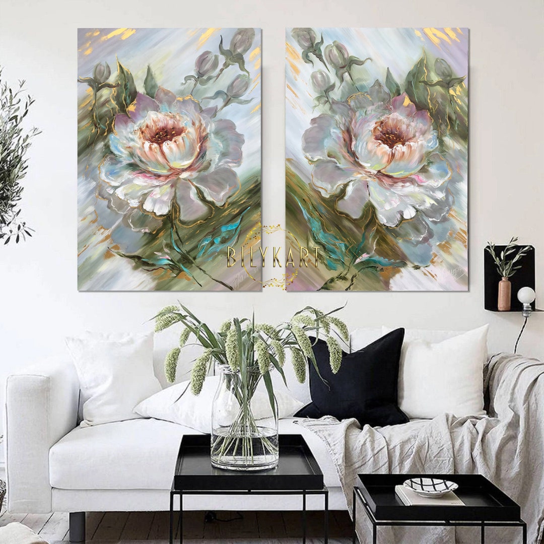 Set of 2 Flower Paintings Original Handmade Floral Paintings White ...