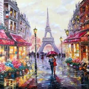 Love in Paris Oil Painting Original Red Umbrella Painting Eiffel Tower Art Evening Walk in Paris Couple in Love Art Night Time Wall Art