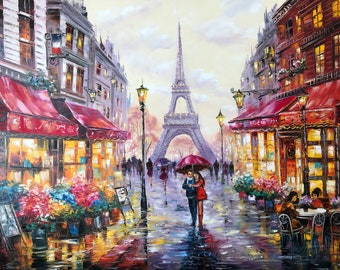 パリの愛の油絵 オリジナルの赤い傘の絵 エッフェル塔のアート パリの