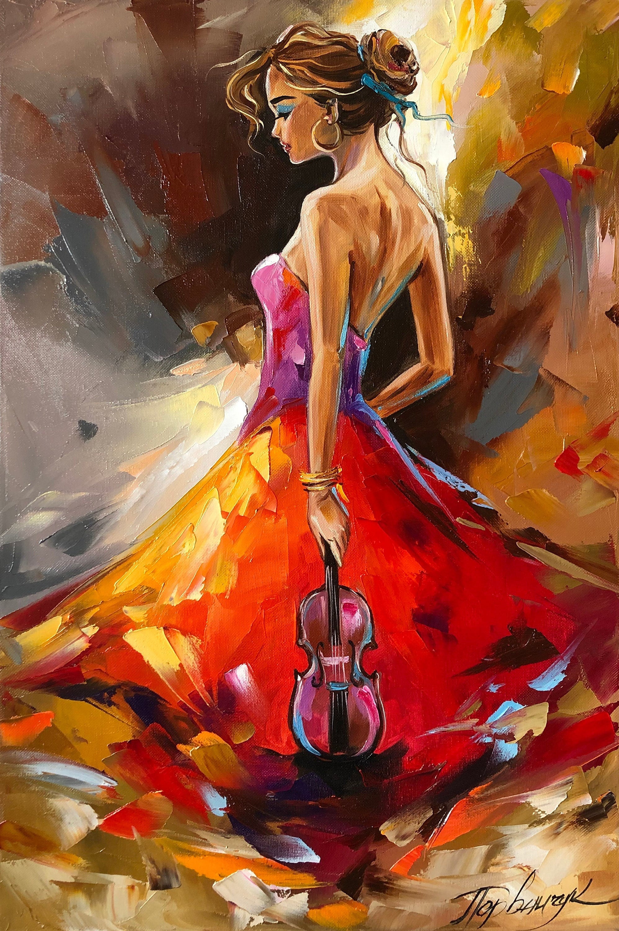 Original girl with violin oil painting Music player wall art | Etsy