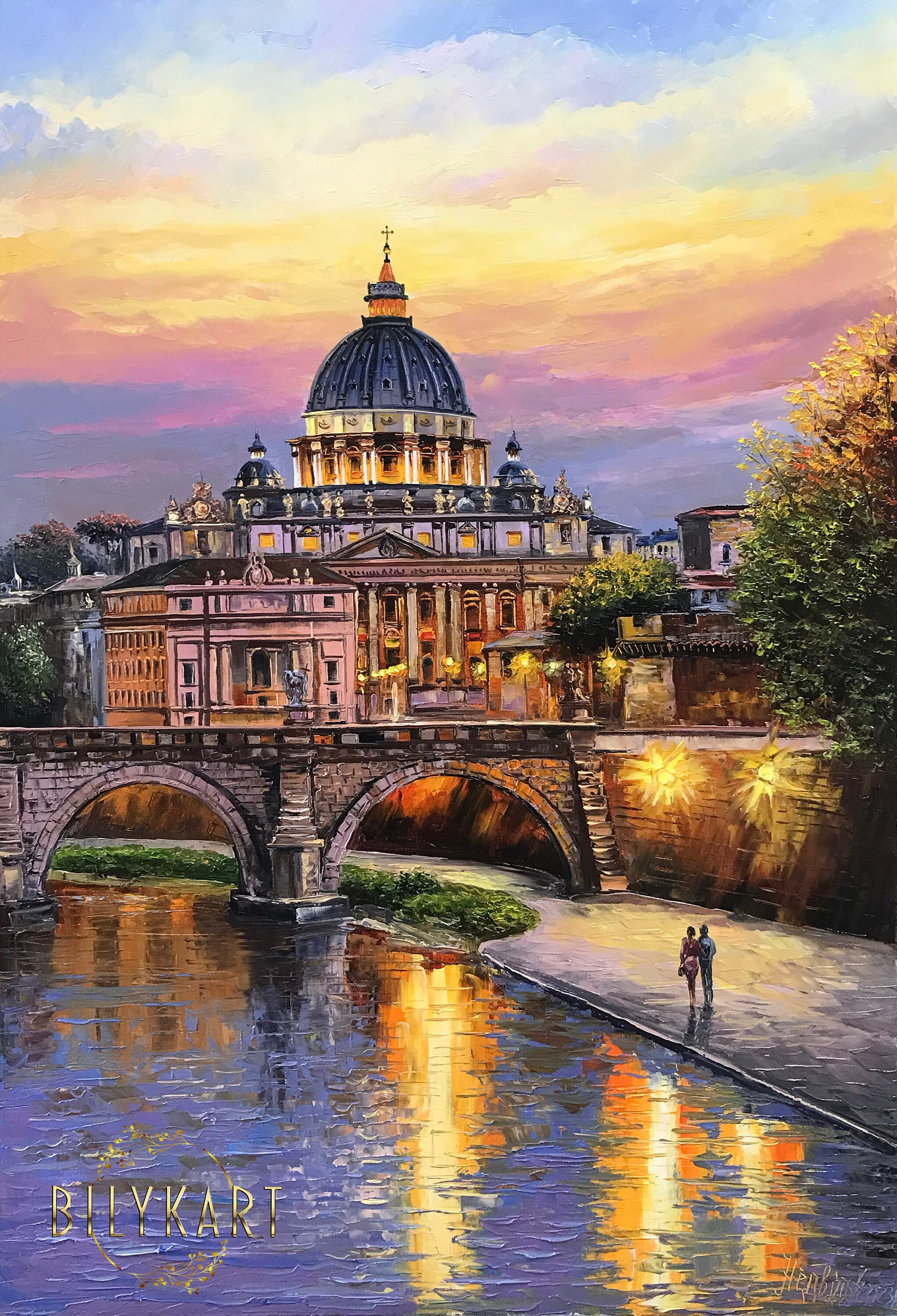 ローマ イタリア 油絵 ローマの夕べ オリジナル絵画 イタリアの