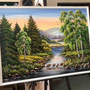 Green Forest Painting Original Trees Wall Art River Oil Painting on ...