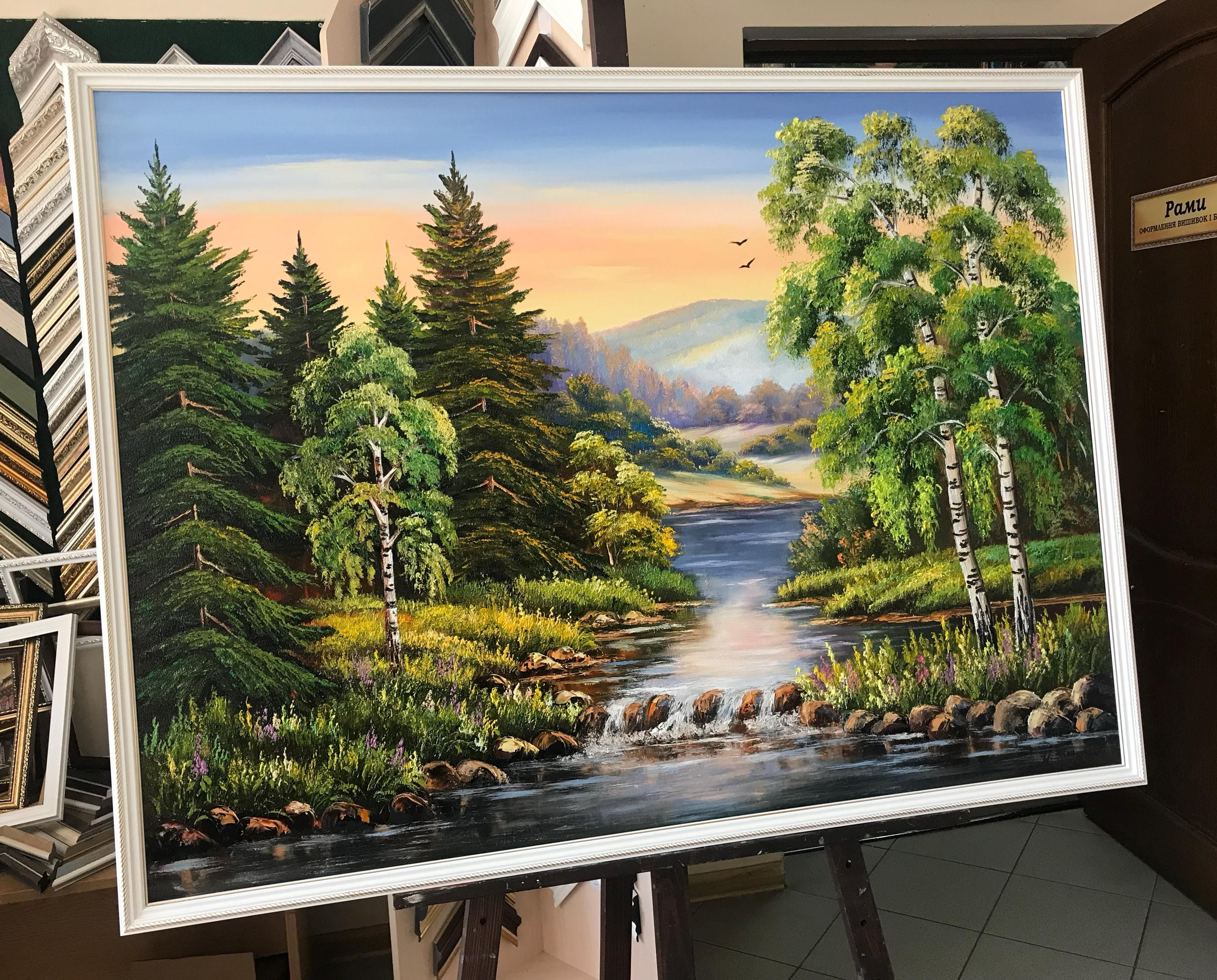 緑の森の絵画 オリジナルの木々の壁アート 川の油絵 キャンバスに描か