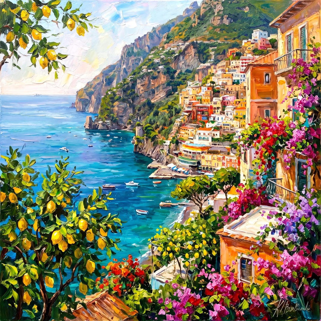 Amalfi Coast Lemon Tree Oil Painting, Original Positano Wall Decor