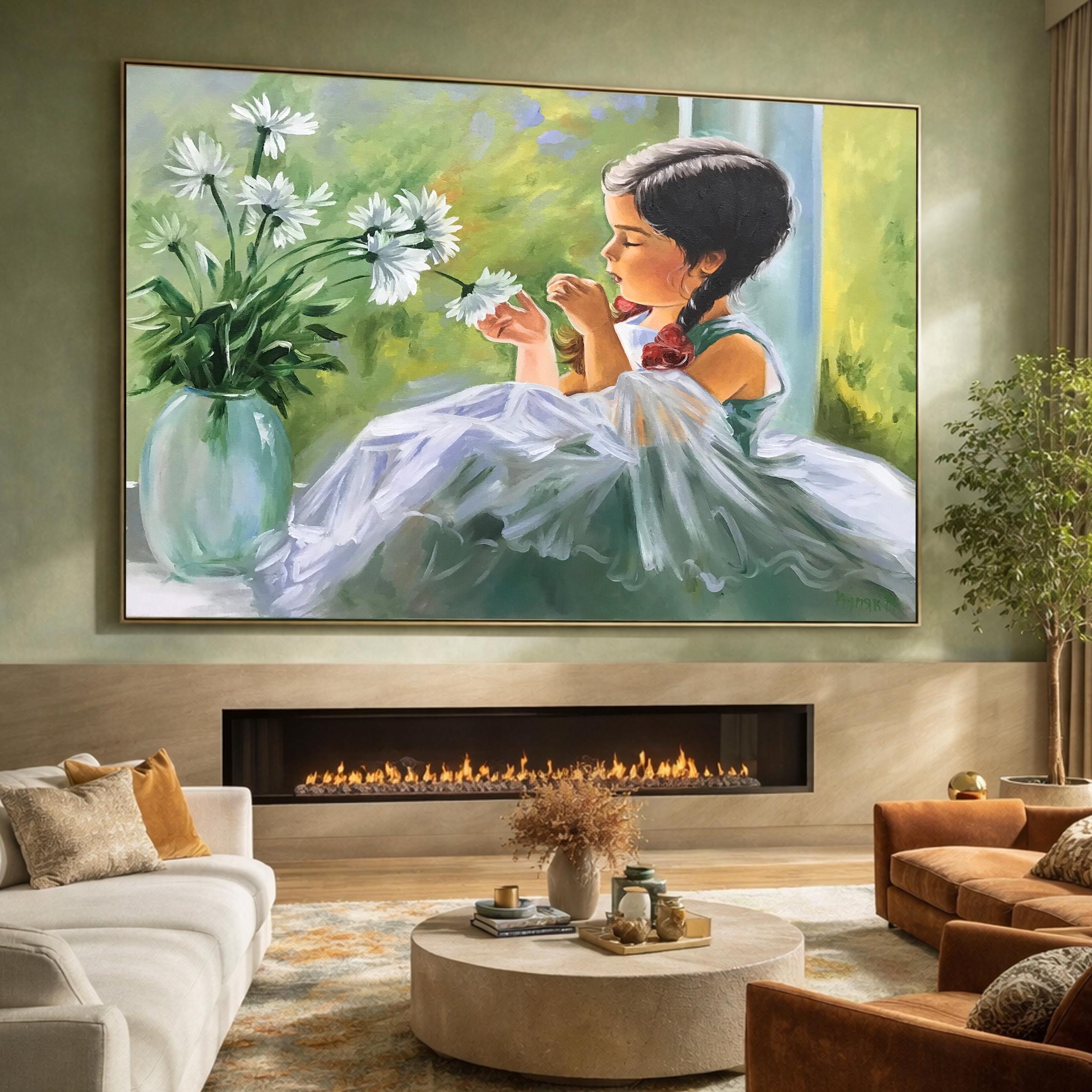 花を持つ少女の油絵、デイジーを持つバレエ少女の窓辺の壁画、風景画