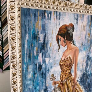 Large Abstract Girl With Violin Oil Painting Original Framed Woman in ...
