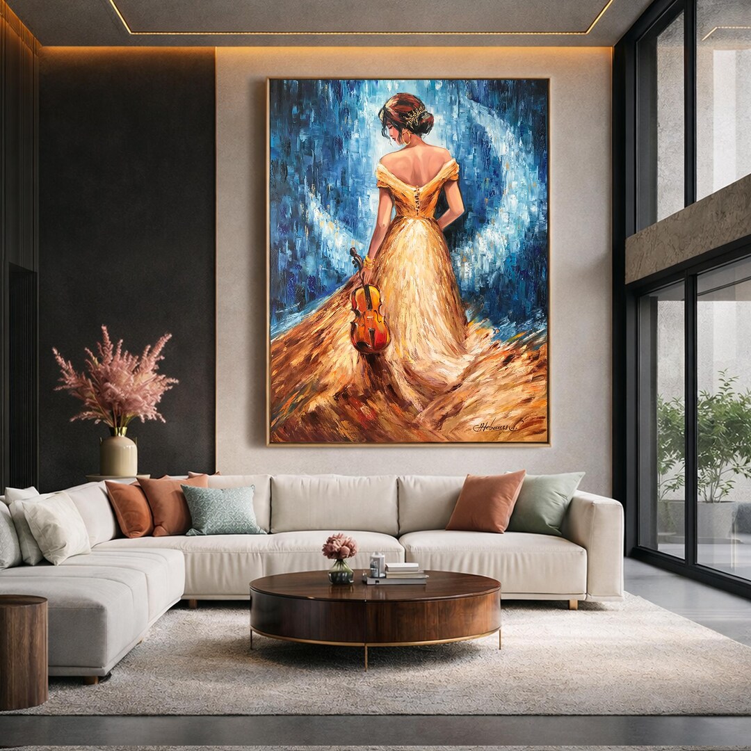 Pretty Woman Oil Painting Original: Lady With Violin Wall Art Framed - Etsy