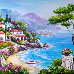 Amalfi Coast Italy Oil Painting Original Italian Scenic Paintings Italy Artwork Panoramic Landscape Painting Italian Positano Coast Painting