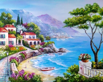Amalfi Coast Italy Oil Painting Original Italian Scenic Paintings Italy Artwork Panoramic Landscape Painting Italian Positano Coast Painting