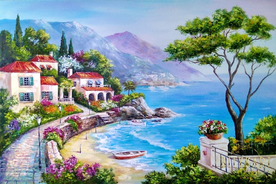 アマルフィ海岸 イタリア 油絵 オリジナル イタリア 風景画 イタリア