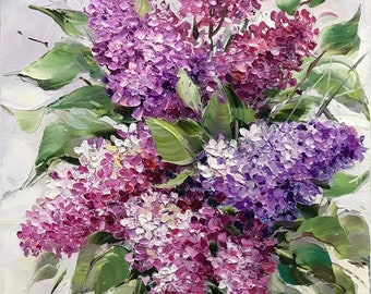 ライラックの油絵 オリジナルの花の壁アート キャンバスに描かれ