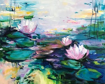 Pintura de Monet "Nenúfares", arte mural de flor de loto, pintura de lirios, 24x24, pintura al óleo verde oscuro, decoración para dormitorio de invitados, estanque, naturaleza, pintura al óleo