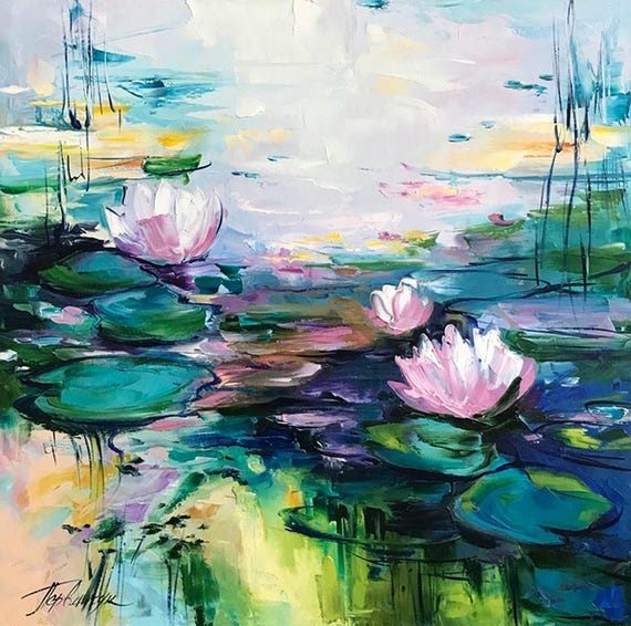 モネの絵画「睡蓮」蓮の花の壁アート、ユリの絵画、24x24インチ