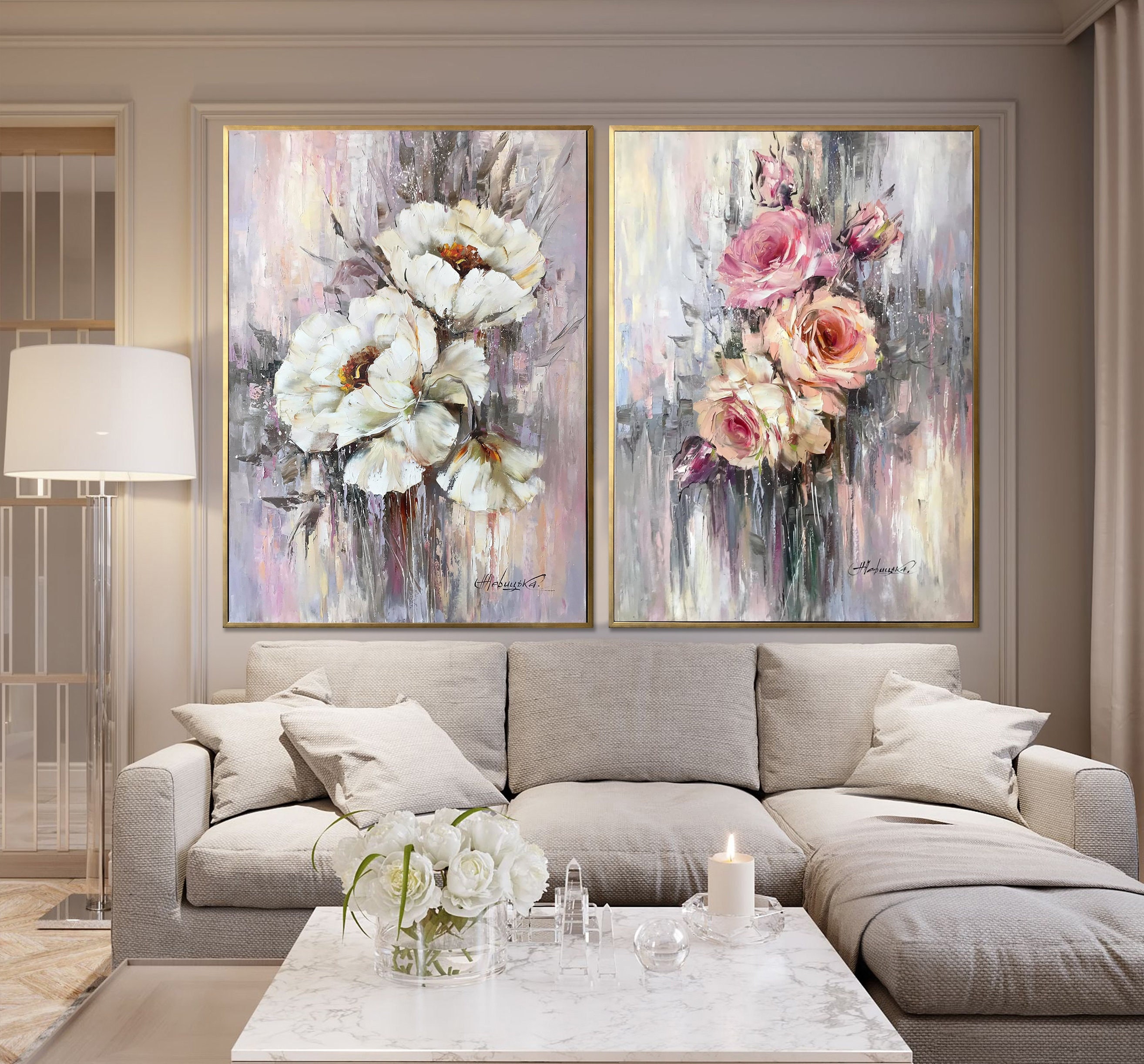 Set of 2 Painting Floral Wall Decor for Hotel Flowers Paintings Pink Gray  Art 30x40 2 Abstract Flower Oil Painting Two Paintings Set 36x48 -   Israel