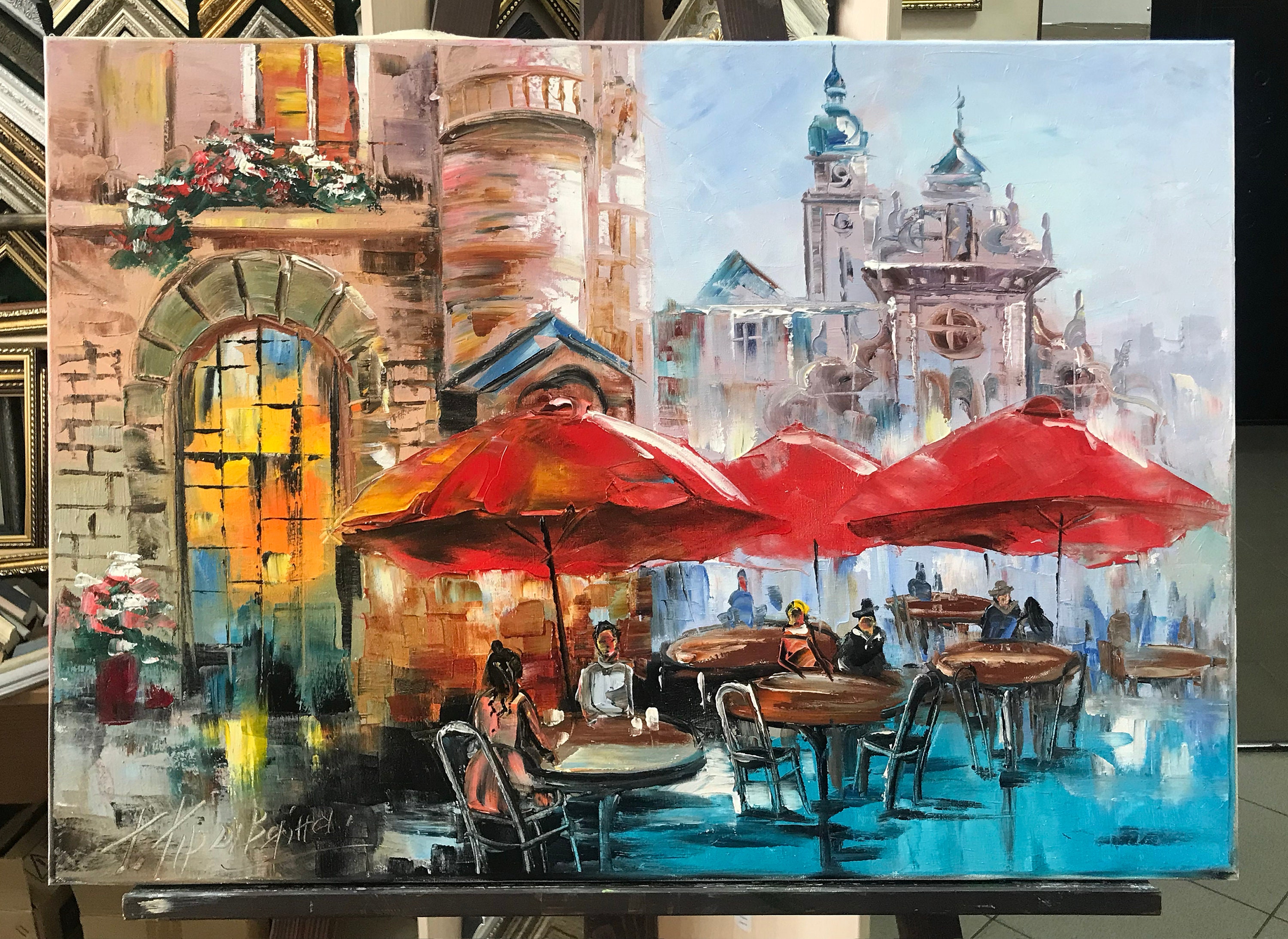 パリのカフェ油絵 キャンバスに描かれたオリジナルのフランスの