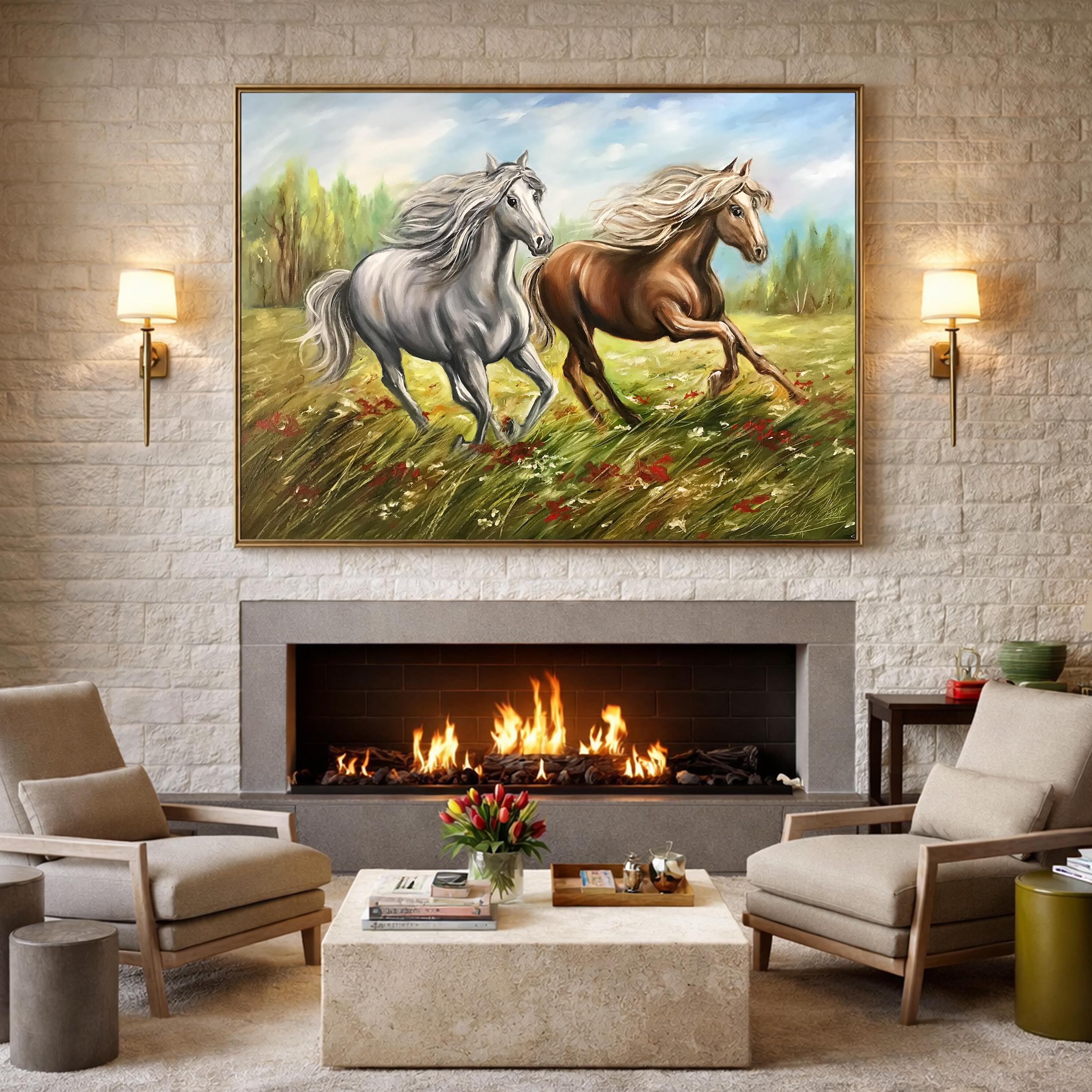 走る馬の絵画 オリジナル野生馬の壁掛けアート キャンバス 動物油絵 馬