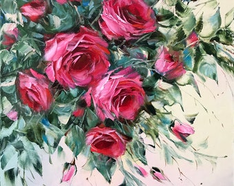 キャンバスに描かれた抽象的なバラの絵画、ピンクのバラの壁アート